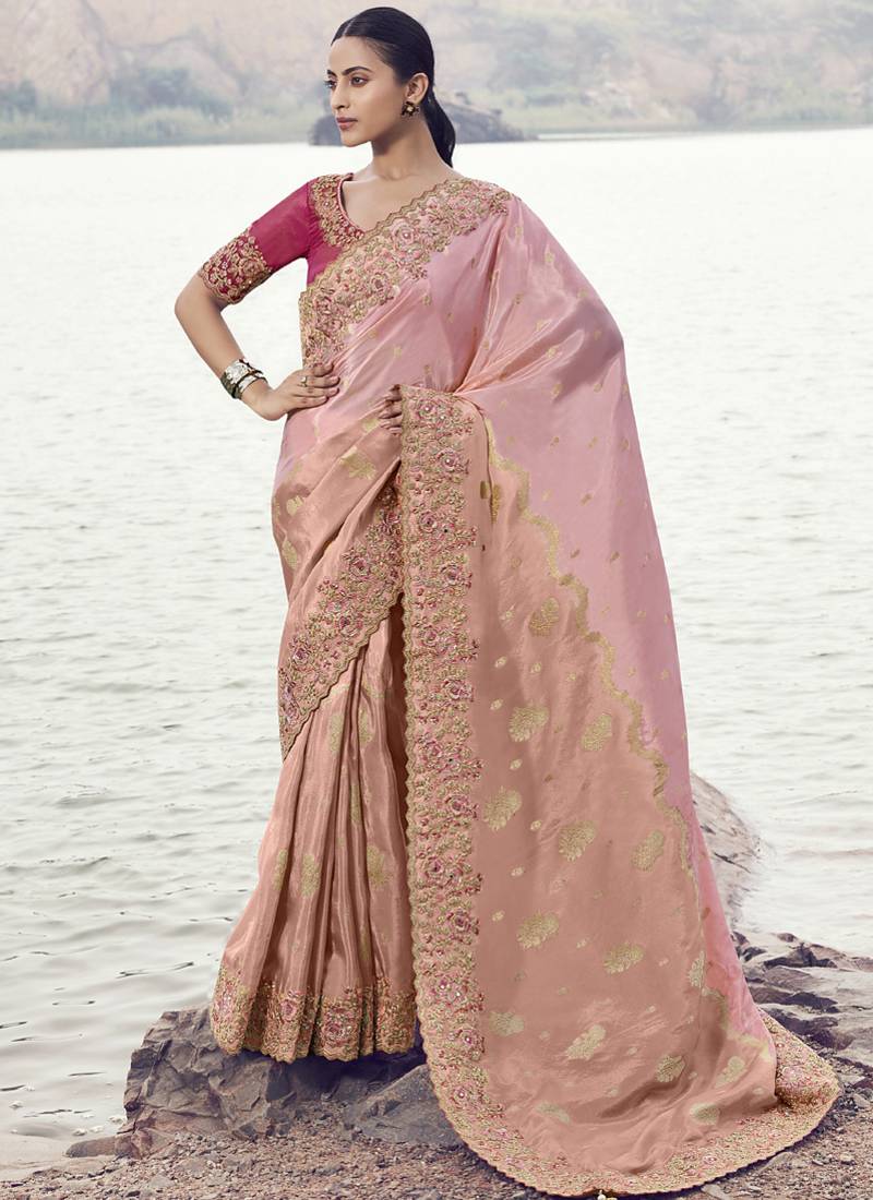 Peach zari weaving heavy embroidered wedding saree