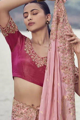 Peach zari weaving heavy embroidered wedding saree