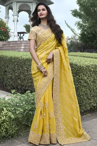 Yellow silk heavy embroidered wedding saree