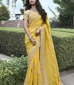 Yellow silk heavy embroidered wedding saree