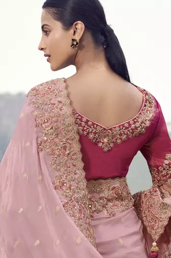 Peach zari weaving heavy embroidered wedding saree