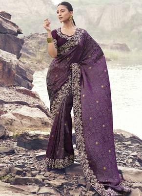 Purple zari weaving heavy embroidered wedding saree 1