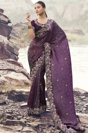 Purple zari weaving heavy embroidered wedding saree