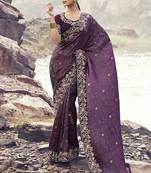 Purple zari weaving heavy embroidered wedding saree