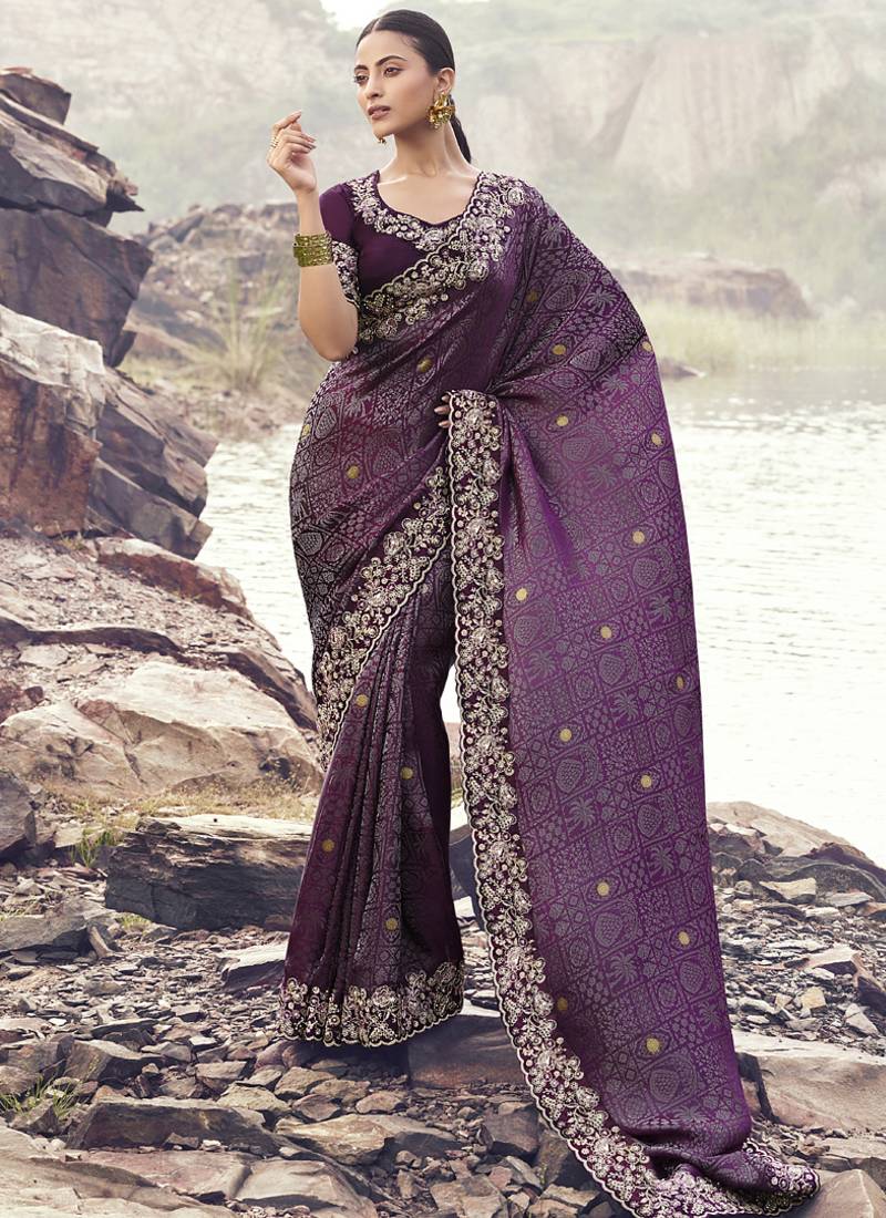 Purple zari weaving heavy embroidered wedding saree