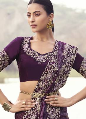 Purple zari weaving heavy embroidered wedding saree 2