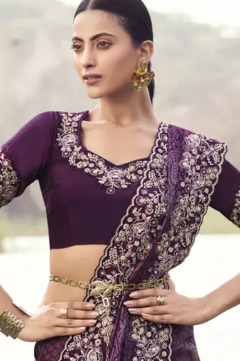 Purple zari weaving heavy embroidered wedding saree