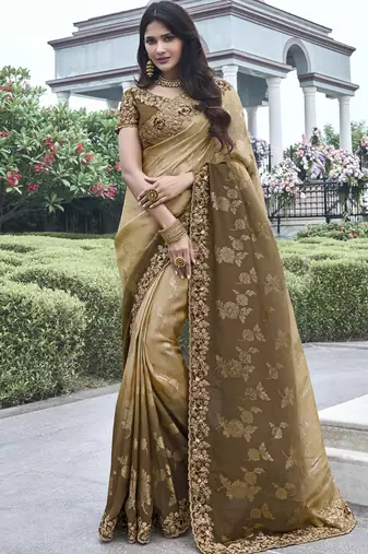 Brown  silk heavy embroidered wedding saree