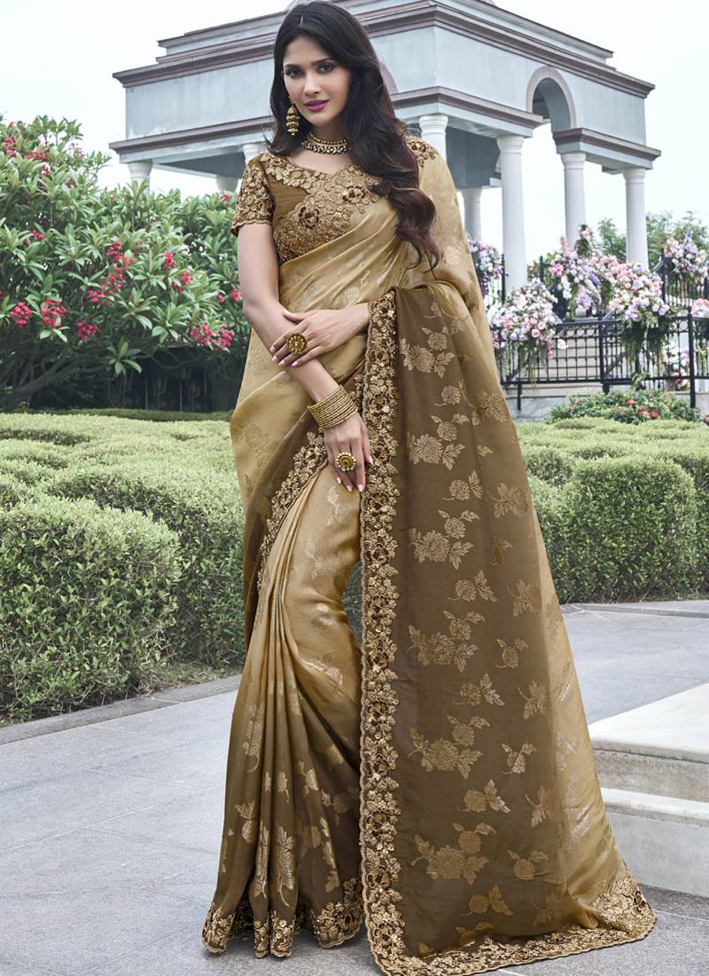 Brown  silk heavy embroidered wedding saree