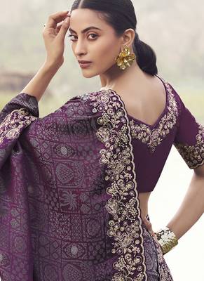 Purple zari weaving heavy embroidered wedding saree 3