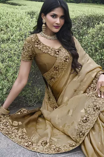Brown  silk heavy embroidered wedding saree