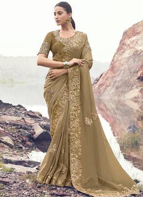 Dark-beige zari weaving heavy embroidered wedding saree 1