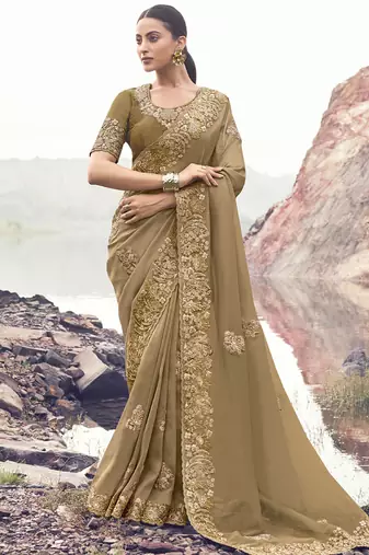 Dark-beige zari weaving heavy embroidered wedding saree