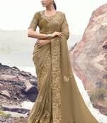 Dark-beige zari weaving heavy embroidered wedding saree