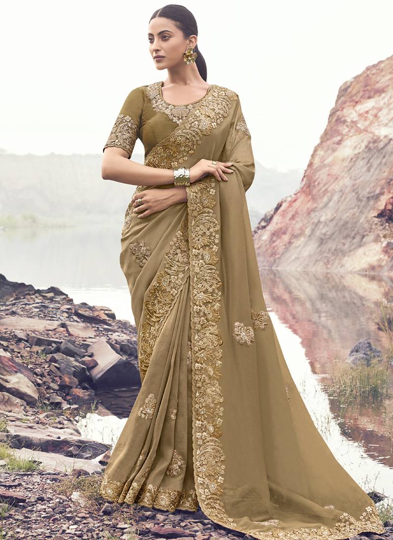 Dark-beige zari weaving heavy embroidered wedding saree