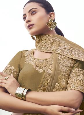 Dark-beige zari weaving heavy embroidered wedding saree 2