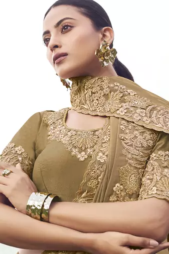 Dark-beige zari weaving heavy embroidered wedding saree