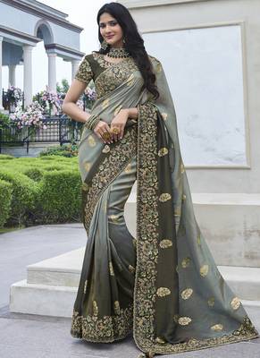 Light-grey silk heavy embroidered wedding saree 1
