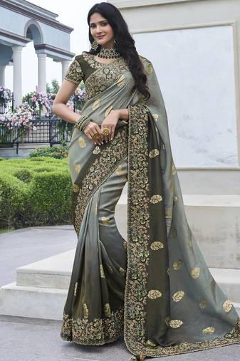 Light-grey silk heavy embroidered wedding saree