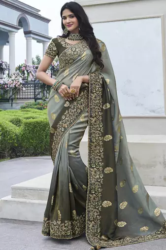 Light-grey silk heavy embroidered wedding saree