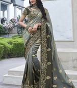 Light-grey silk heavy embroidered wedding saree
