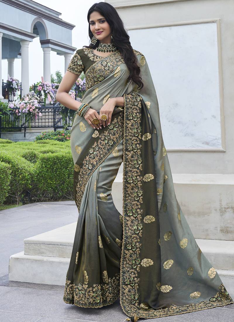 Light-grey silk heavy embroidered wedding saree