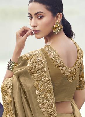 Dark-beige zari weaving heavy embroidered wedding saree 3