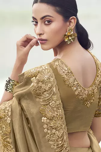 Dark-beige zari weaving heavy embroidered wedding saree