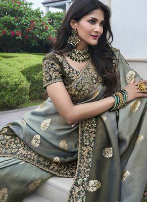 Light-grey silk heavy embroidered wedding saree 2