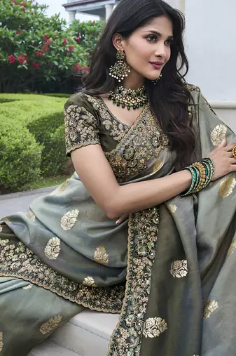 Light-grey silk heavy embroidered wedding saree