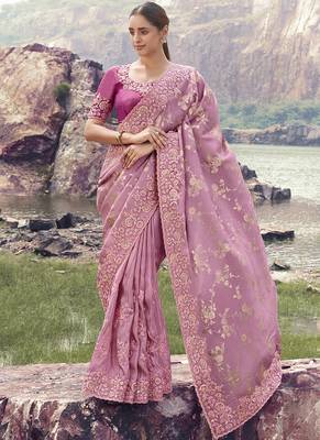 Pink zari weaving heavy embroidered wedding saree 1