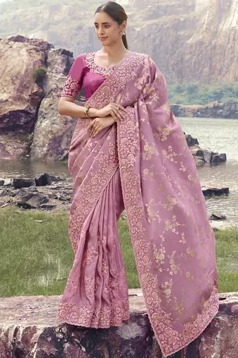 Pink zari weaving heavy embroidered wedding saree