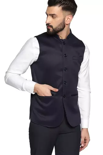 Men blue textured nehru jacket
