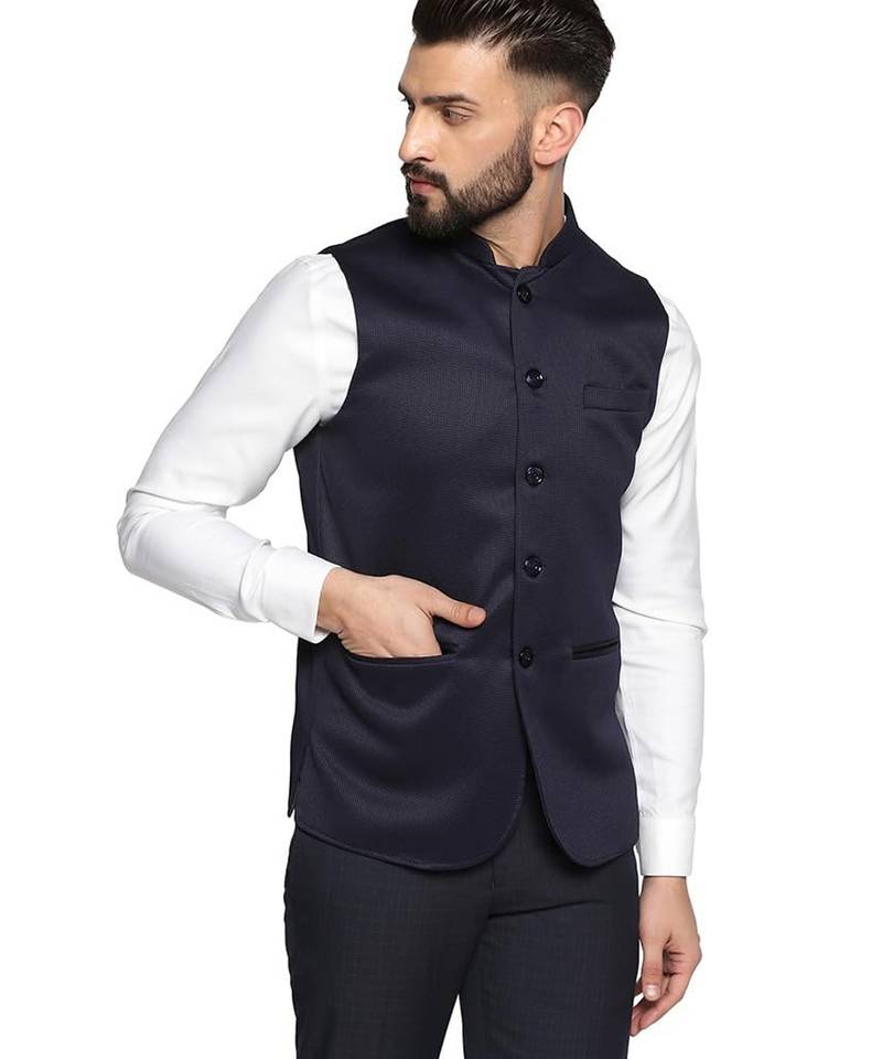 Men blue textured nehru jacket