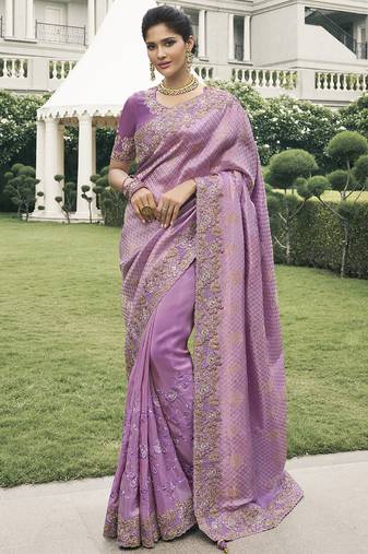 Purple silk heavy embroidered wedding saree
