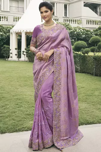 Purple silk heavy embroidered wedding saree
