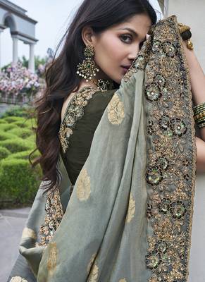 Light-grey silk heavy embroidered wedding saree 3