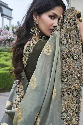 Light-grey silk heavy embroidered wedding saree