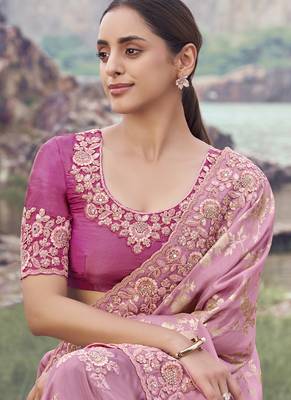 Pink zari weaving heavy embroidered wedding saree 2