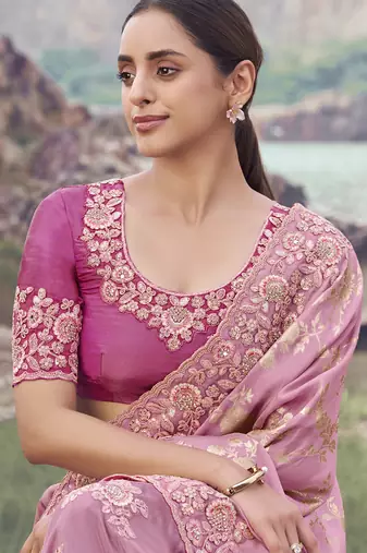 Pink zari weaving heavy embroidered wedding saree
