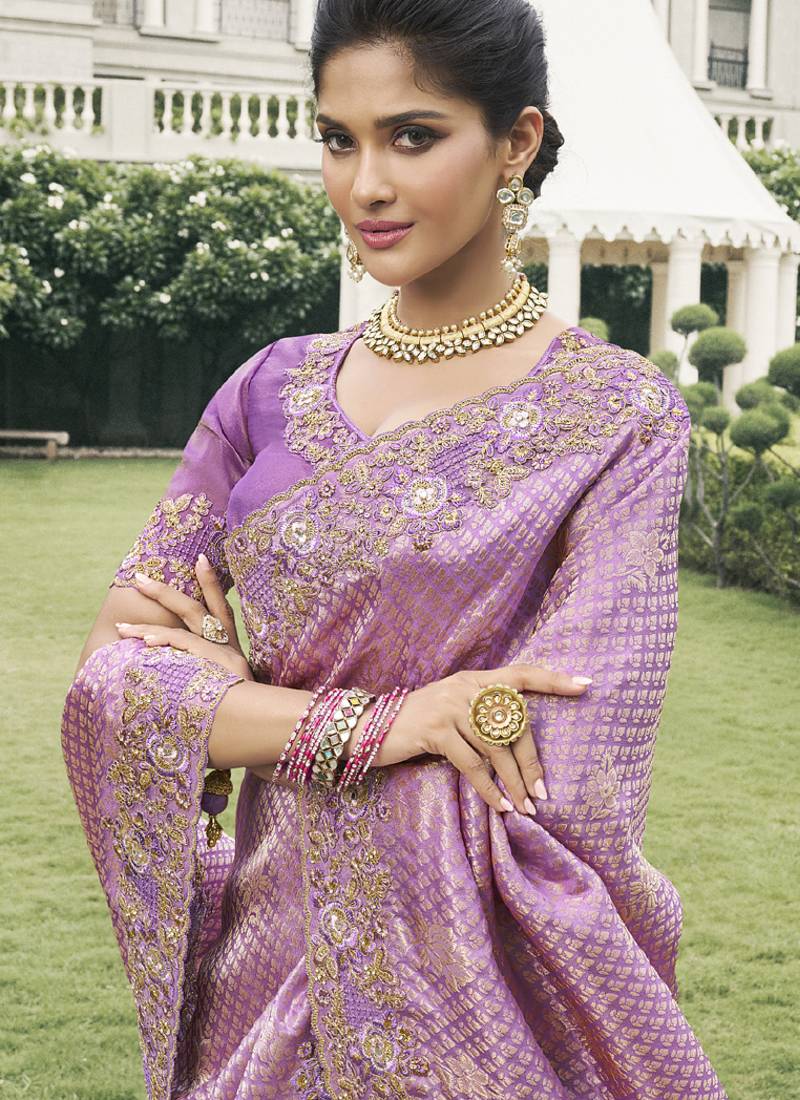 Purple silk heavy embroidered wedding saree