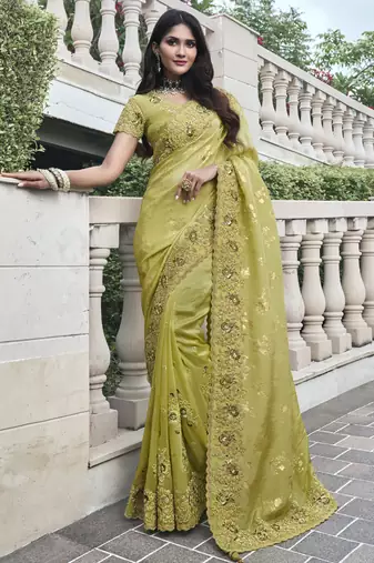 Parrot-green silk heavy embroidered wedding saree