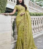 Parrot-green silk heavy embroidered wedding saree