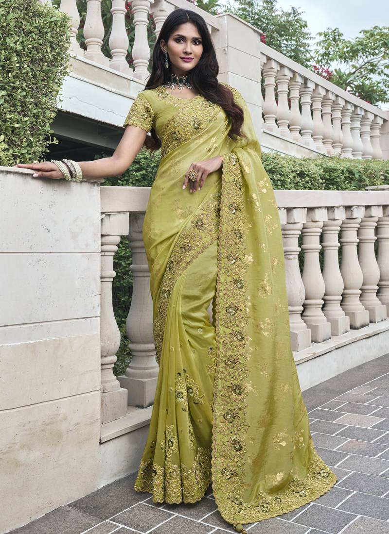 Parrot-green silk heavy embroidered wedding saree