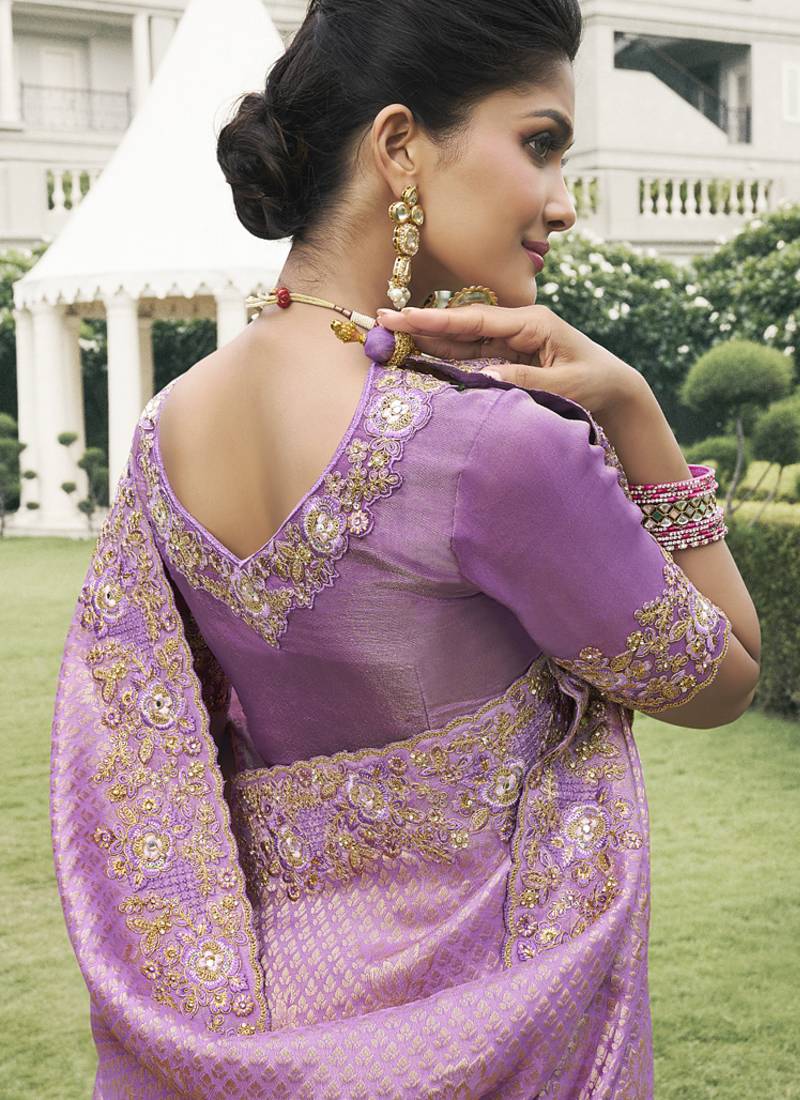 Purple silk heavy embroidered wedding saree