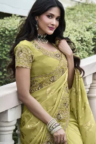 Parrot-green silk heavy embroidered wedding saree