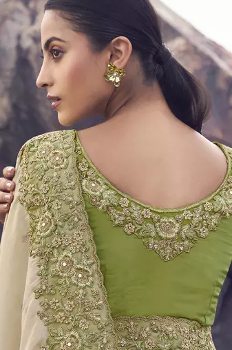 Off white nd light green zari weaving heavy embroidered wedding saree