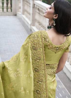 Parrot-green silk heavy embroidered wedding saree 3