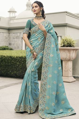 Turquoise silk heavy embroidered wedding saree