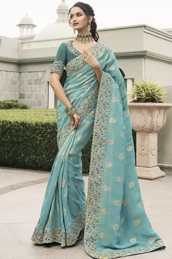 Turquoise silk heavy embroidered wedding saree
